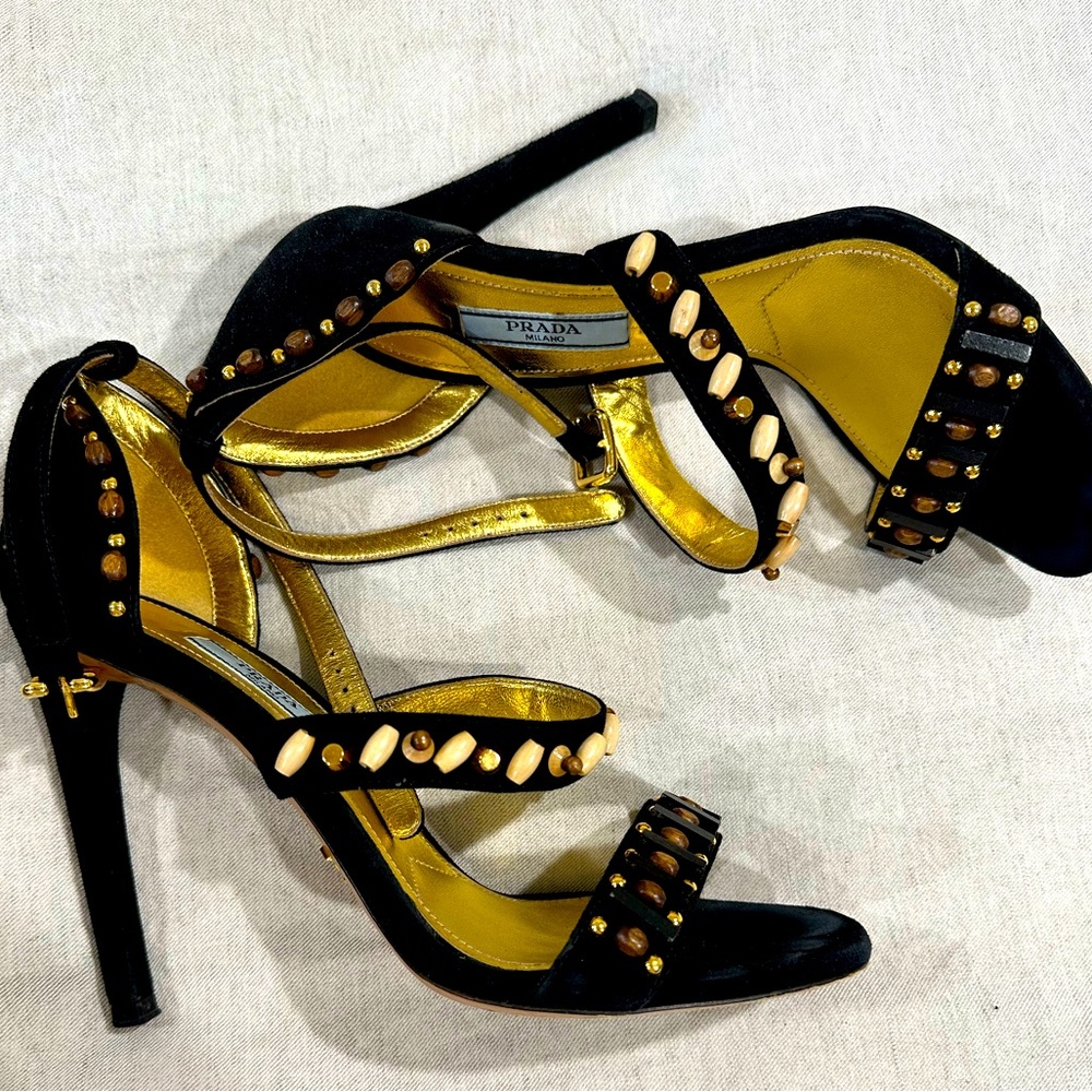 Prada Strappy Gold Beaded Suede Heels ⭐️ size 37